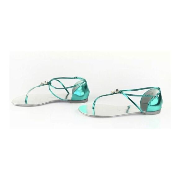 Giuseppe Zanotti Teal Swarovski Crystal Metallic Emerald Leather Sandals 6.5 - Picture 2 of 9